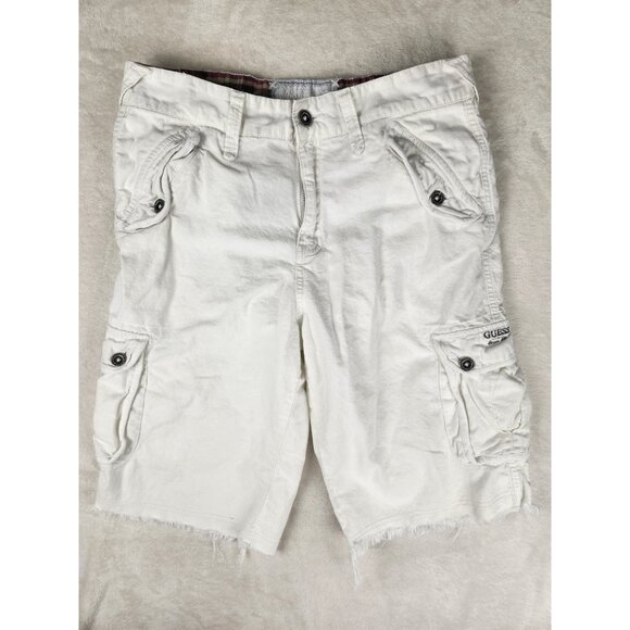 Guess USA Men's Size W31x12 Distressed Baggy Fit Linen/Cotton Cargo Shorts White - Picture 1 of 16